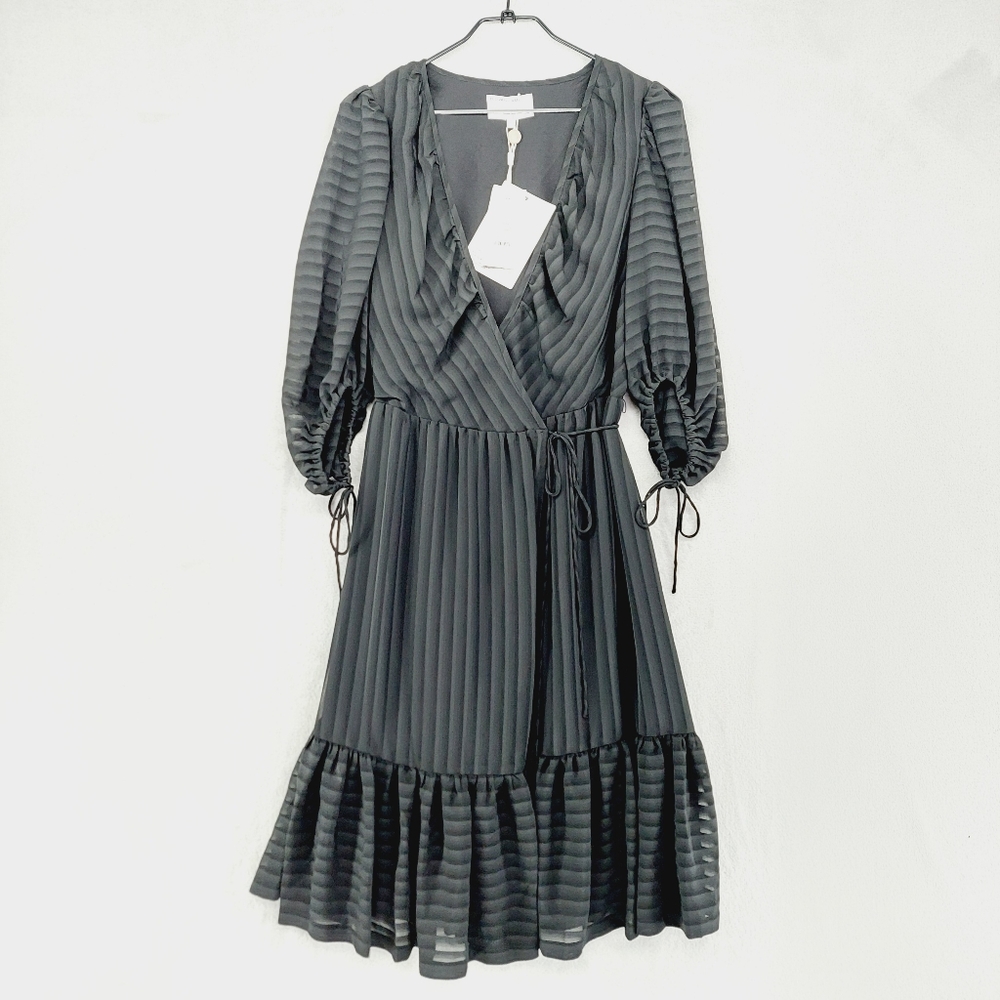 NEW Designers Remix Corinne Black Ribbed Pleated Wrap  Ruffle Midi Dress P 1279